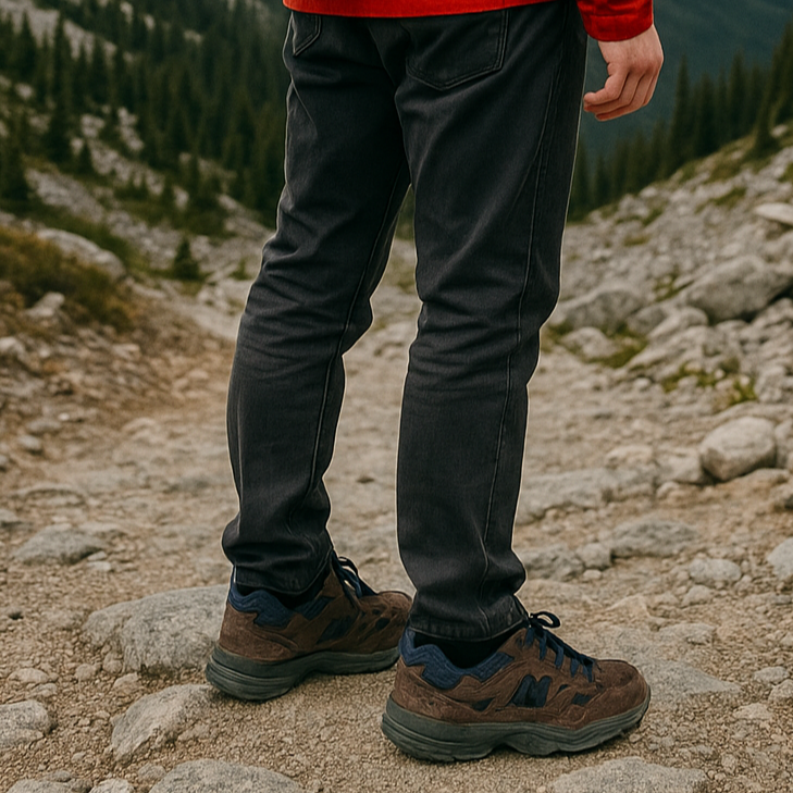 Person in a red jacket and blue backpack standing on a mountain trail with a scenic view of mountains and trees.
