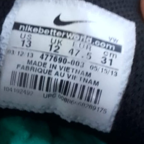 Hand holding a small toy with a Nike label on a wooden surface